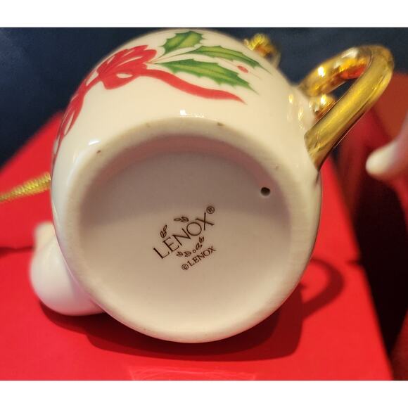 Lenox Holiday Tea Kettle Ornaments Set of 2 Holly Ribbon Gold Trim w/ Boxes - Picture 6 of 9